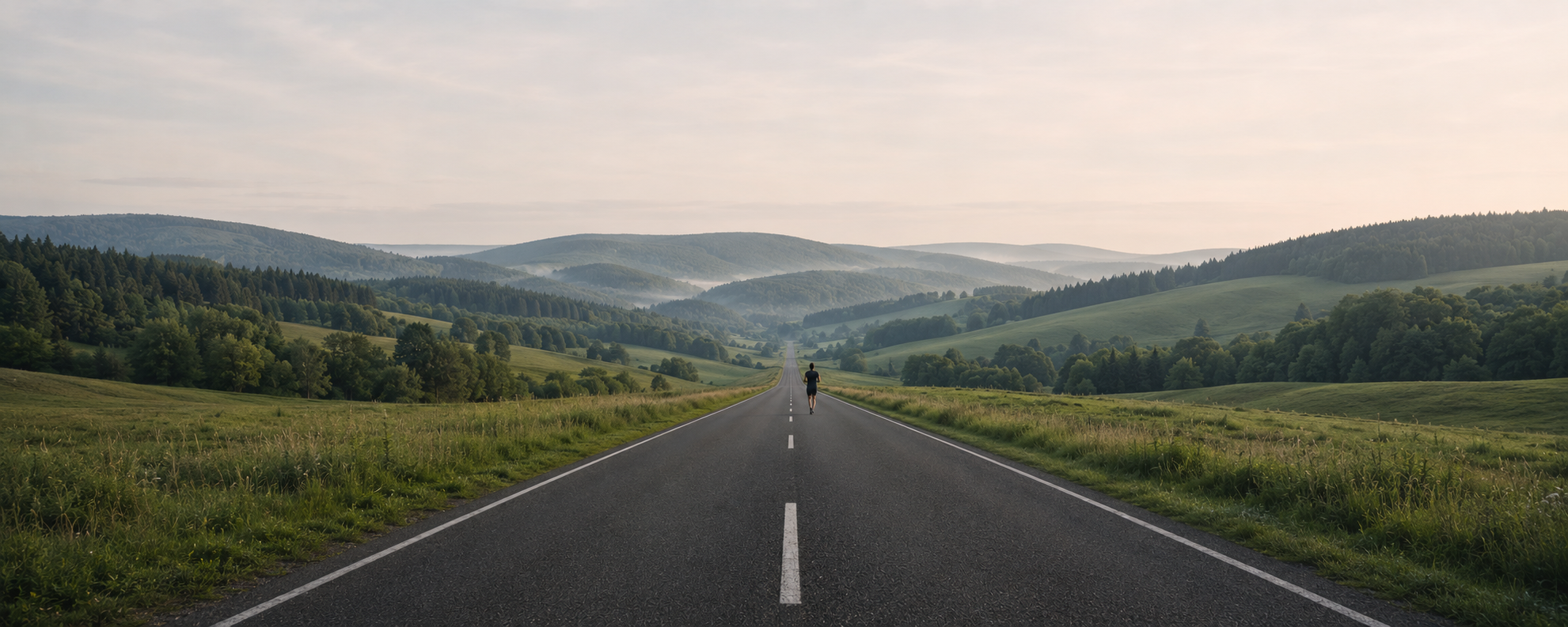 Eine Person läuft auf einer offenen Straße durch eine weite, bewaldete Hügellandschaft im sanften Morgenlicht