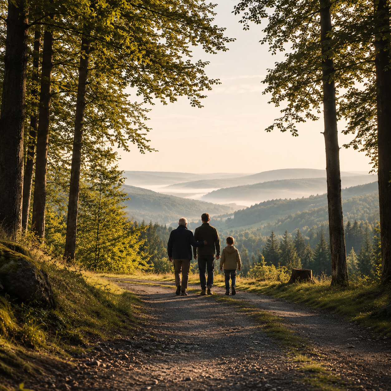 Drei Generationen – Großvater, Vater und Kind – gehen gemeinsam einen Waldweg in Richtung bewaldeter Hügel