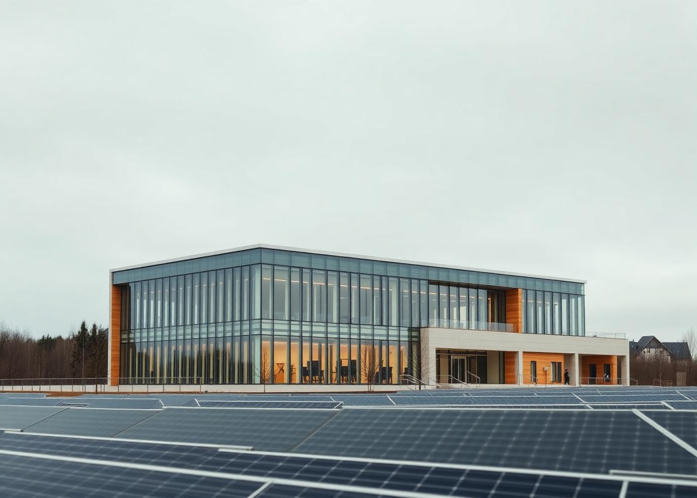 Moderner Unternehmenssitz eines Energieunternehmens mit Glasfassade, Holzakzenten und Solartechnik in ruhigem Tageslicht