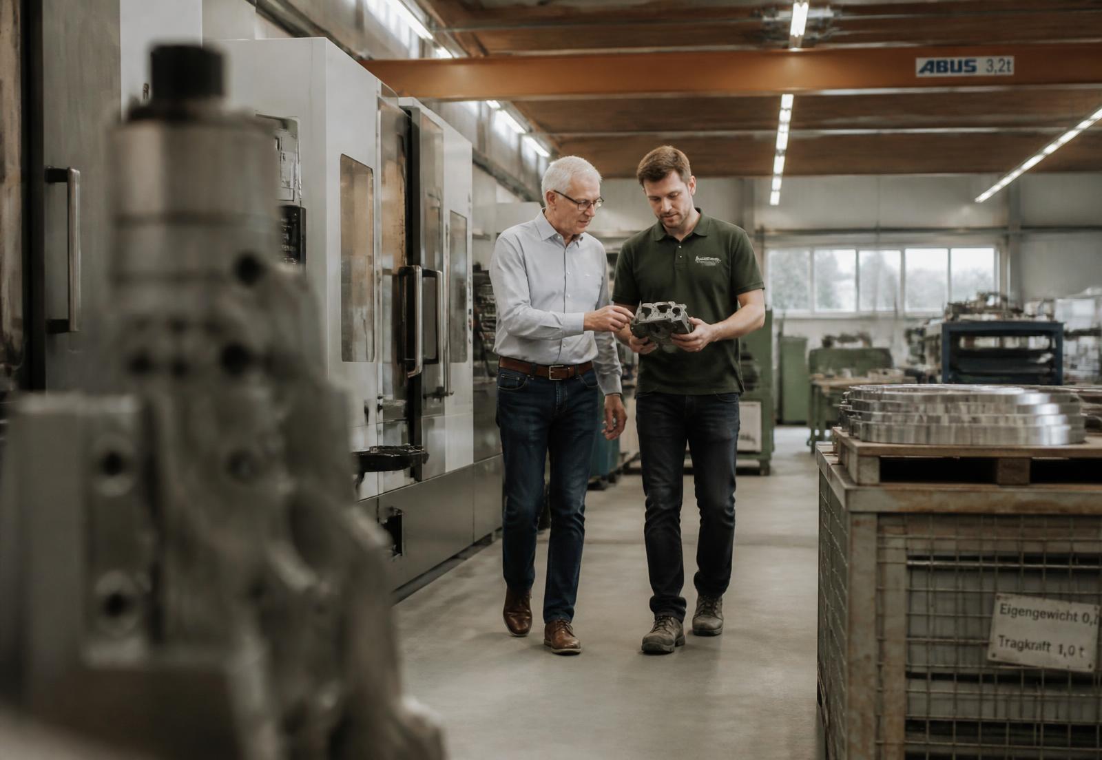 Ein älterer Unternehmer und ein jüngerer Nachfolger betrachten gemeinsam ein Bauteil in einer modernen Produktionshalle