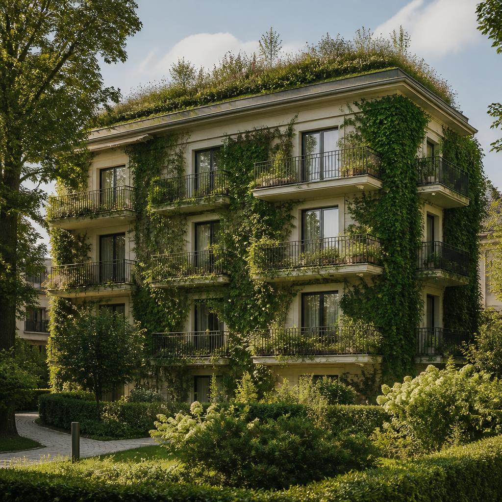 Stark begrüntes Mehrfamilienhaus mit begrünter Fassade, bepflanzten Balkonen und begrüntem Dach in naturnahem Garten – Ökologie, Nachhaltigkeit und Immobilie in einem Bild